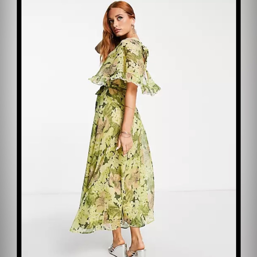 Topshop ruffle belted floral occasion midi dress in green